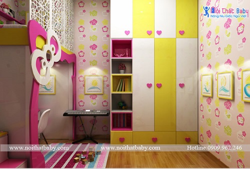 Mẫu thiết kế phòng ngủ Hello Kitty màu sắc sinh động cho bé gái